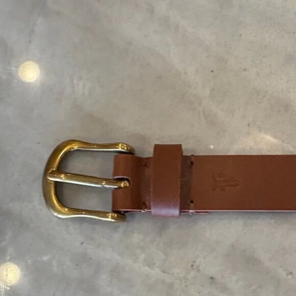 New Frye 100% leather 25MM flat strap loop cognac brown gold hardware belt S/M